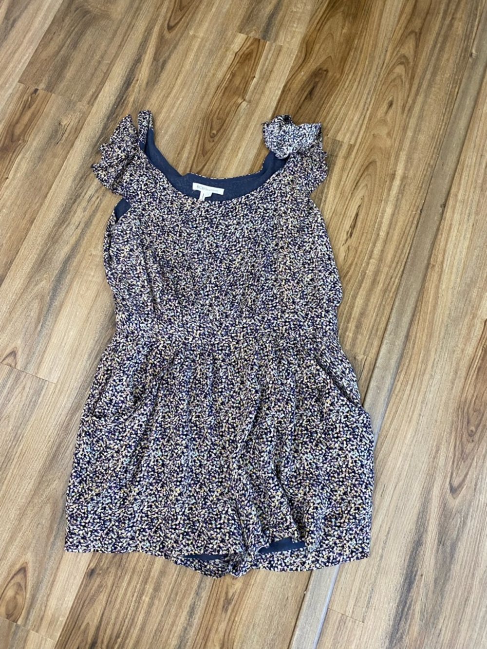 BCBG Floral Ruffle Strap Romper in Navy and Cream